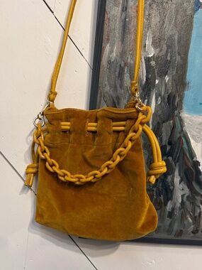 Clare V petit henri Mini Bucket Bag with Drawstring Closure in goldenrod velvet